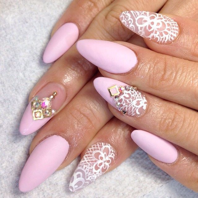 Pink Matte Stiletto Nails With White Lace Design Idea