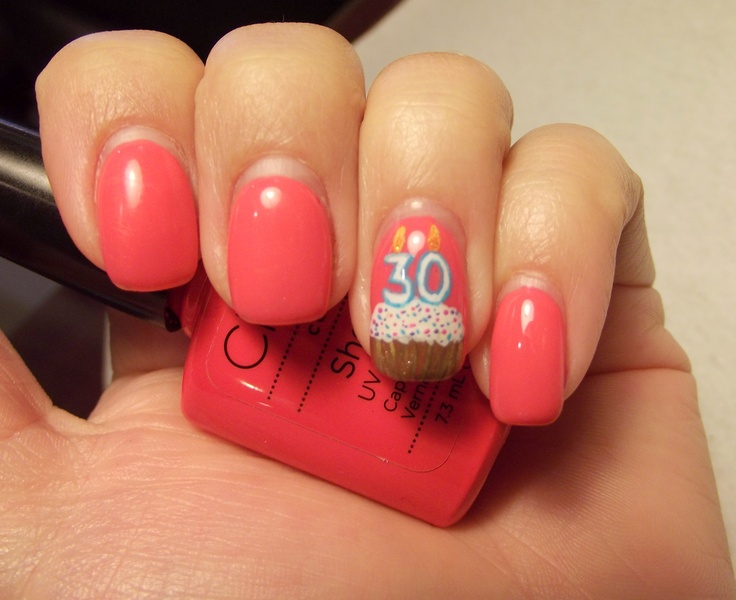 Pink Nails With Accent 30th Birthday Cupcake Design Birthday Nail Art