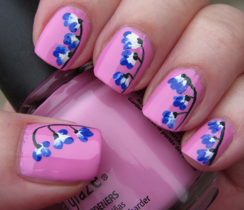 Pink Nails With Blue Flowers Design Nail Art