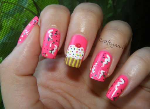 Pink Nails With Cupcakes Design Birthday Nail Art