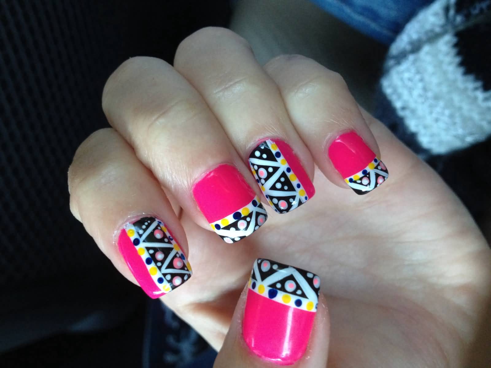 Pink Nails With French Tip Tribal Nail Art