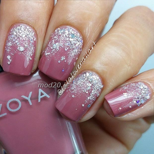 Pink Nails With Silver Glitter Nails