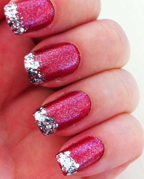 Pink Nails With Silver Glitter Tip Nail Art