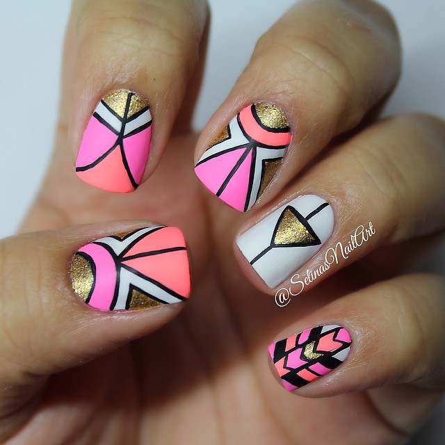 Pink Peach And Gold Tribal Nail Art Design Idea