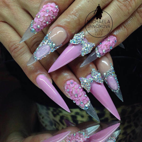 Pink Stiletto Nail Art With 3D Bow Nail Art