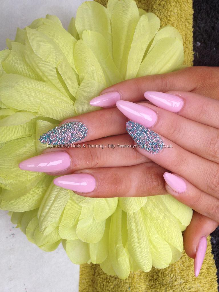 Pink Stiletto Nail Art With Colorful Caviar Beads Design Idea