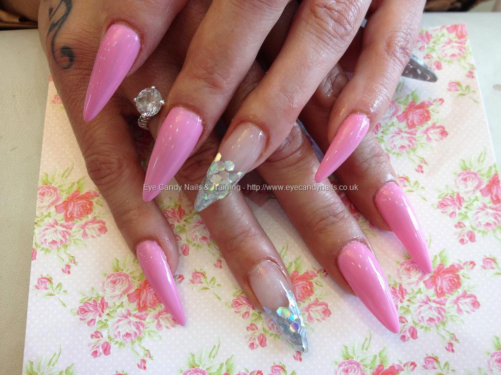 Pink Stiletto Nail Art With Glitter Design Idea