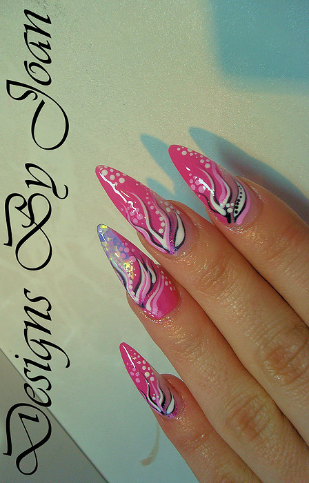 Pink Stiletto Nails With Black And White Stripes Design Idea