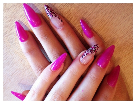 Pink Stiletto Nails With Leopard Print Design Idea