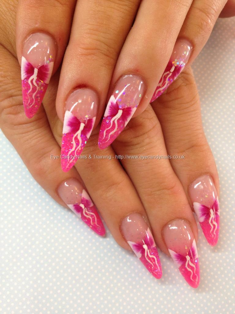 Pink Tip Stiletto Nails With Bow Design Idea