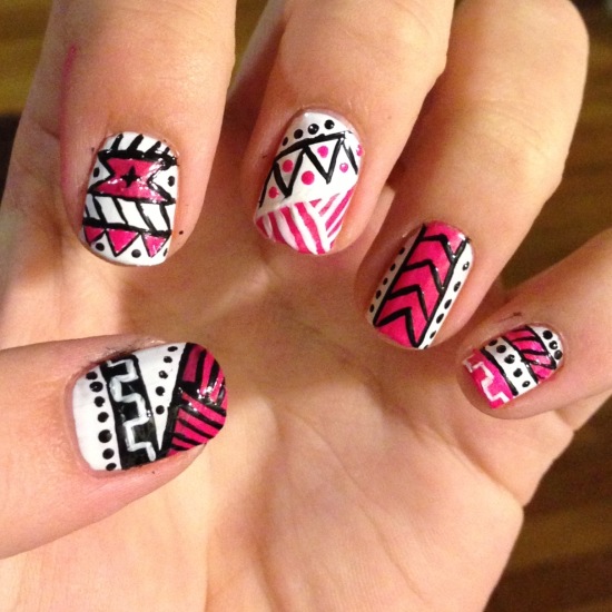 Pink With Black And White Design Tribal Nail Art
