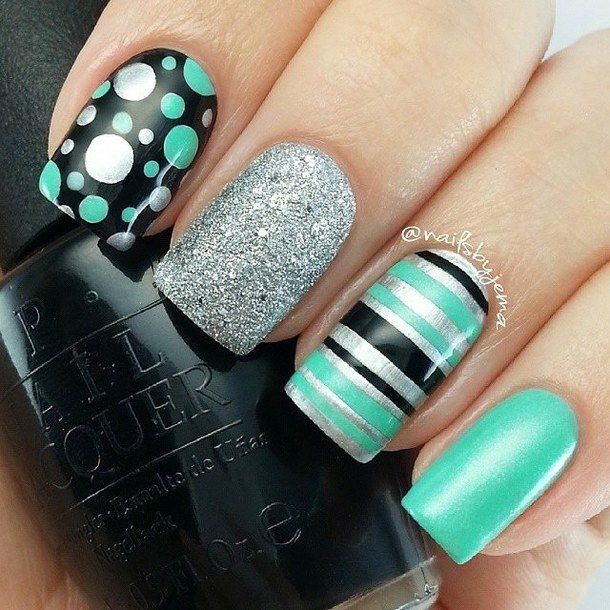 Polka Dots And Stripes With Accent Glitter Nail Art