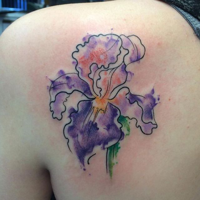 Pretty Purple Iris Watercolor Tattoo On Left Back Shoulder By Meagan Bohrer
