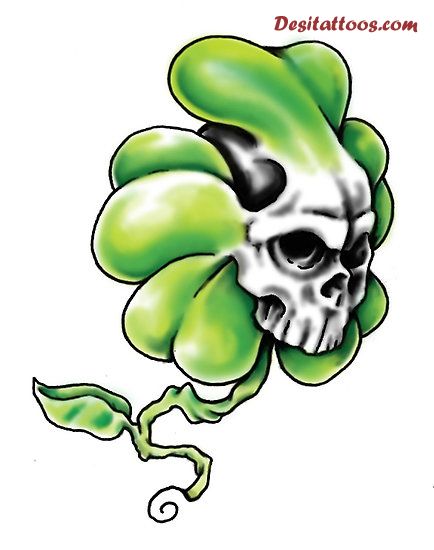 Pretty Skull On Shamrock Leaf Tattoo Design