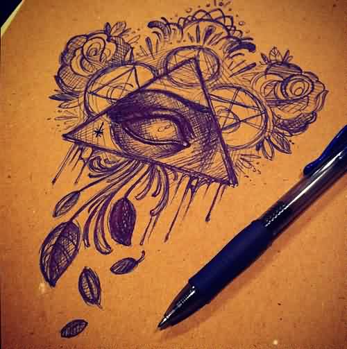 Pretty Triangle Eye With Pen Ink Flowers Tattoo Stencil