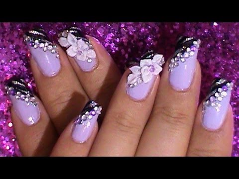 Purple And Black Nails With 3D Flowers Nail Art