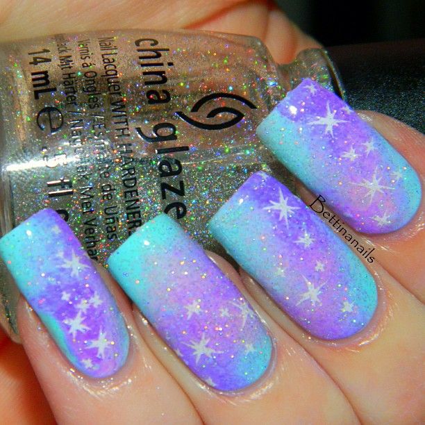 Purple And Blue Galaxy Nail Art With White Stars Design