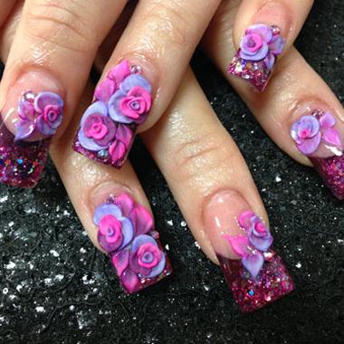 Purple And Pink 3D Flowers Nail Art