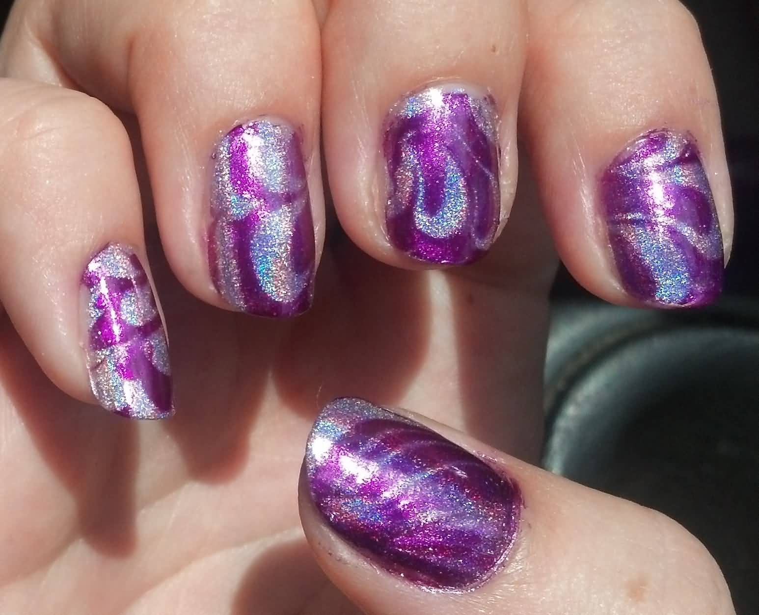 Purple And Silver Hologram Nail Art