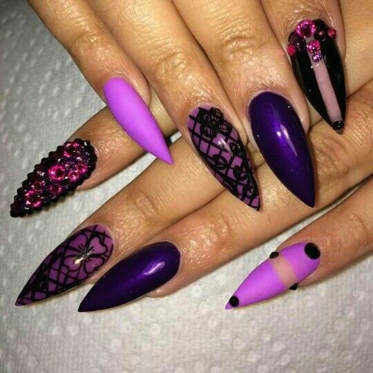 Purple Black Lace Design Stiletto Nail Art With Rhinestones Design