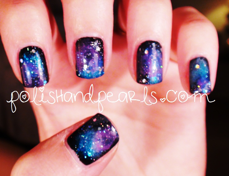 Purple Blue And Black With White Dots Galaxy Nail Art Wit