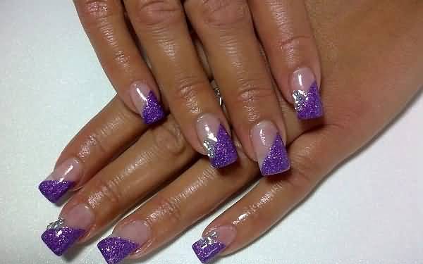 Purple Diagonal Glitter Nail Art Design Idea