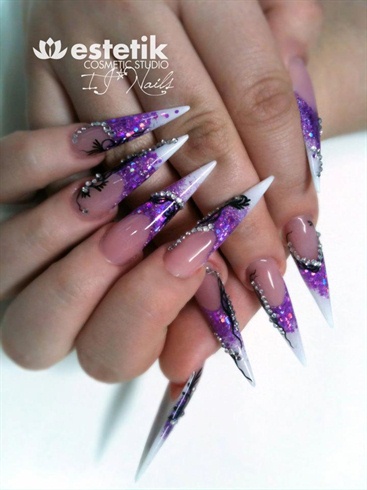 Purple Flowers Stiletto Nail Art Design Idea