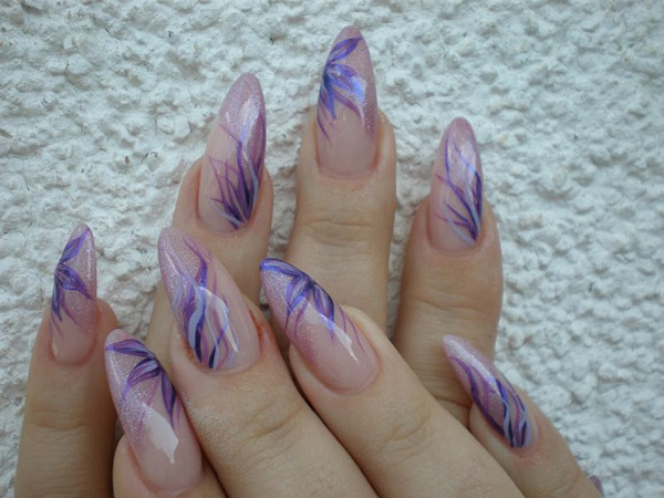 Purple Flowers Stiletto Nail Art Design Idea