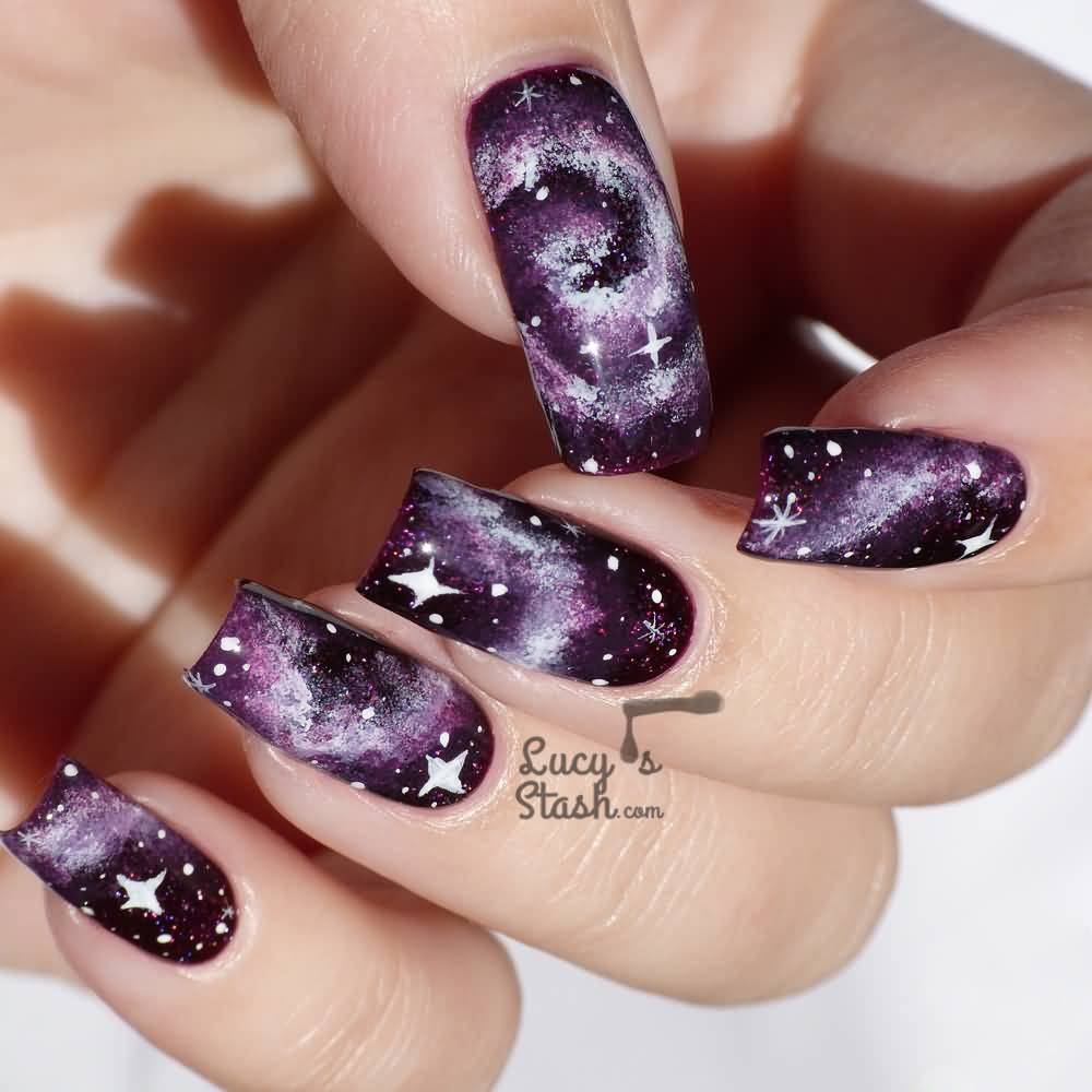 Purple Galaxy Nail Art With Stars Design Idea