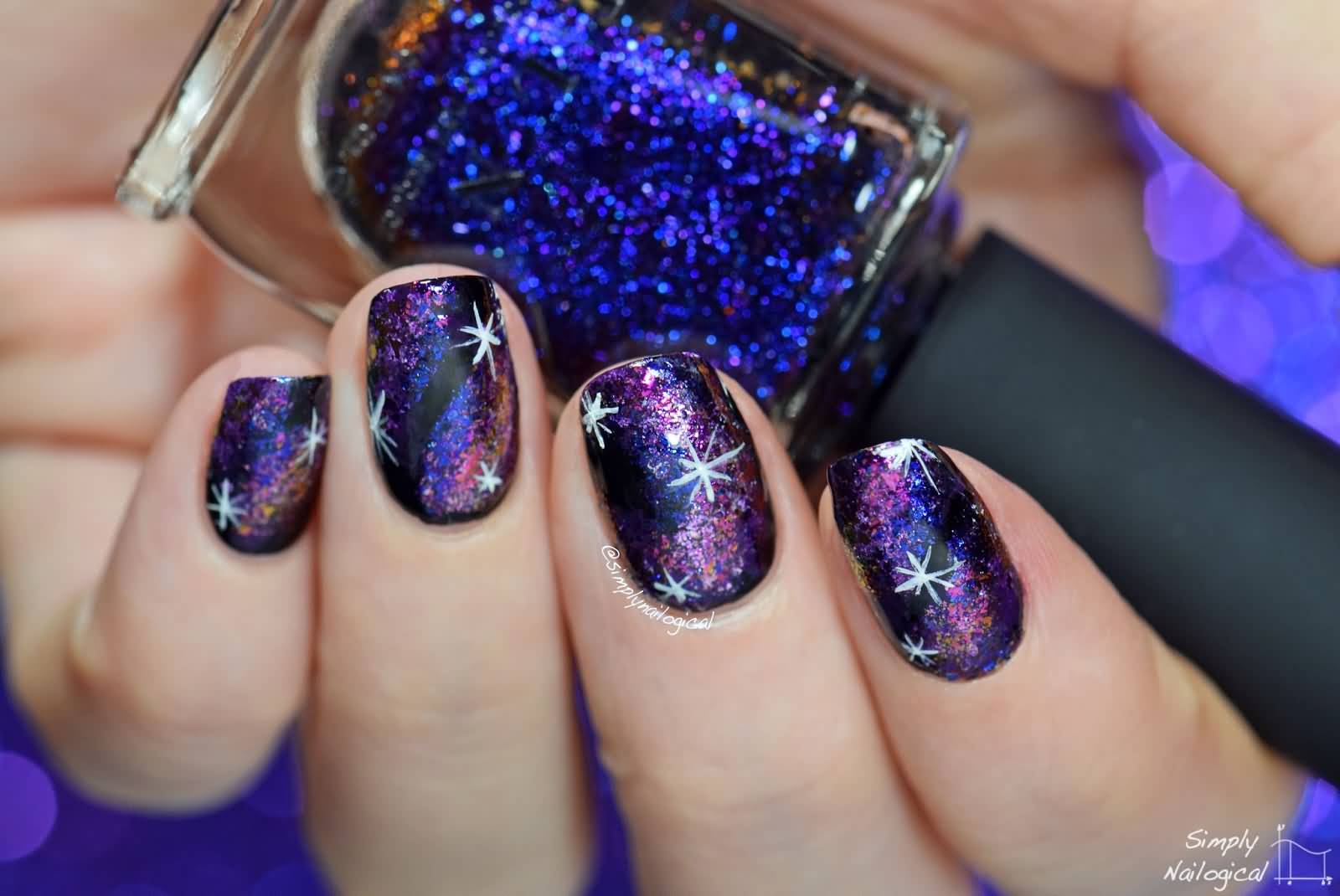 Purple Galaxy Nail Art With White Stars Design Idea