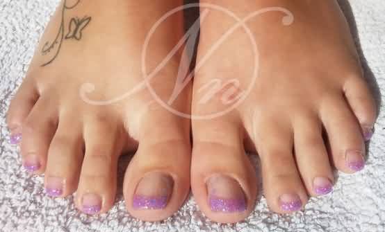 Purple Glitter French Tip Toe Nail Art