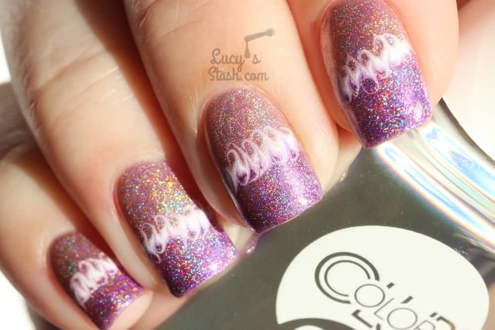 Purple Holographic Marble Nail Art Design