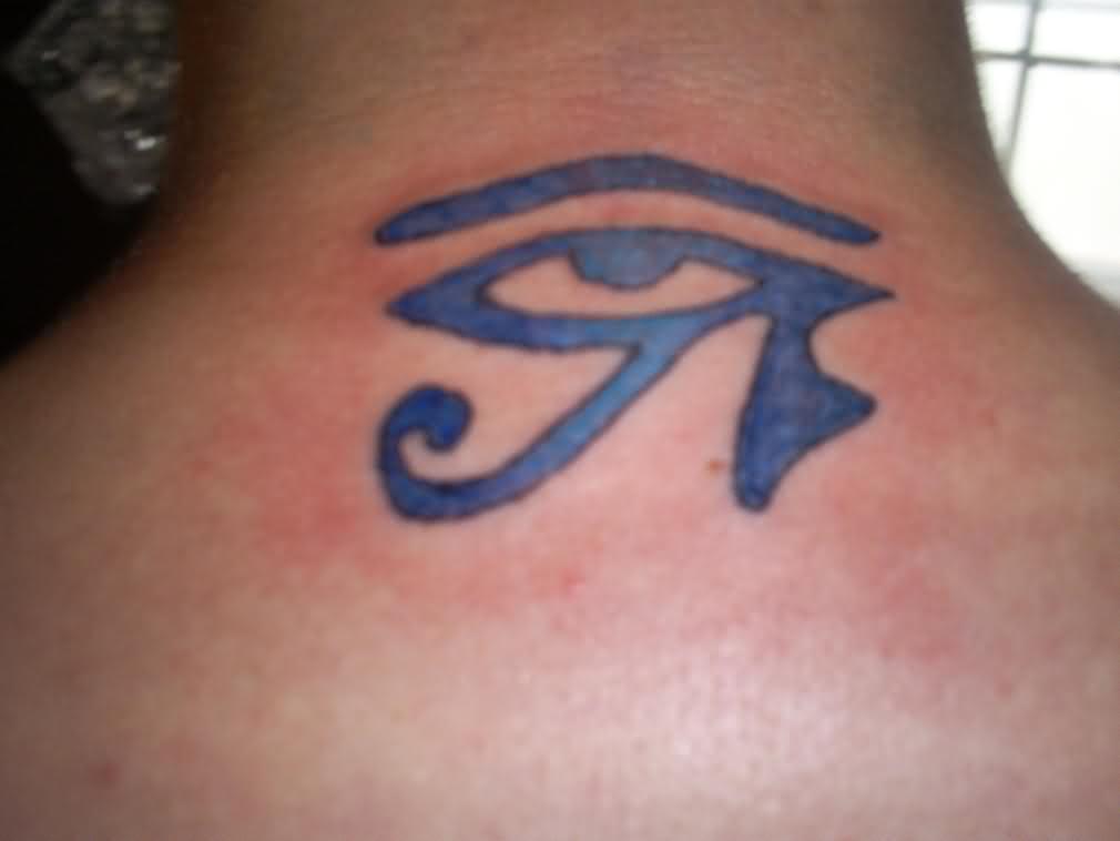Purple Ink Horus Eye Tattoo On Back Neck