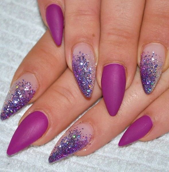 Purple Matte And Glitter Stiletto Nail Art