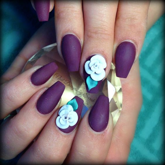 Purple Matte Nails With White 3D Rose Flower Nail Art