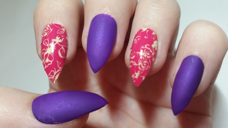 Purple Matte Stiletto Nail Art With Pink Floral Design Idea