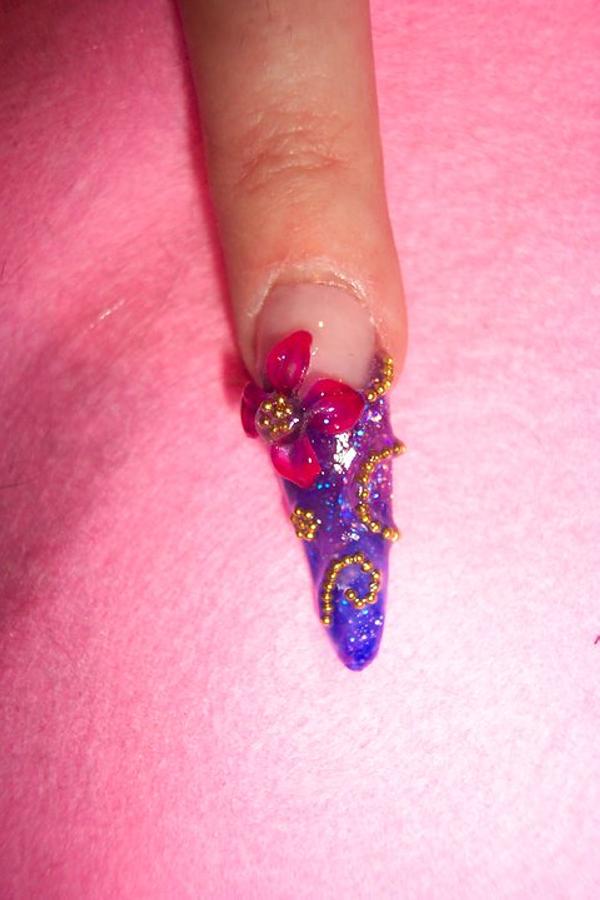 Purple Nails With Pink 3D Flower Nail Art