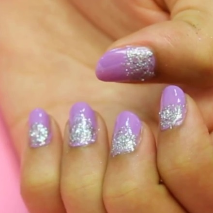 Purple Nails With Silver Reverse French Tip Glitter Nail Art