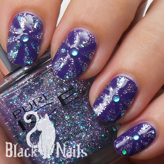 Purple Nails With Silver Glitter Nail Art With Blue Rhinestones Design