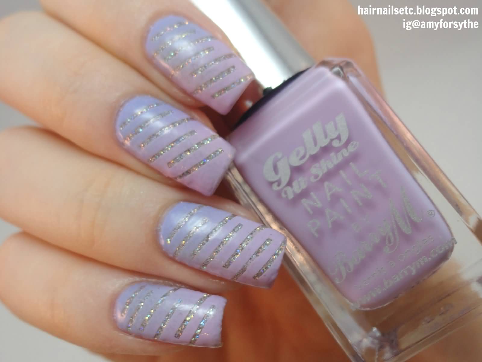Purple Nails With Silver Glitter Stripes Design Idea