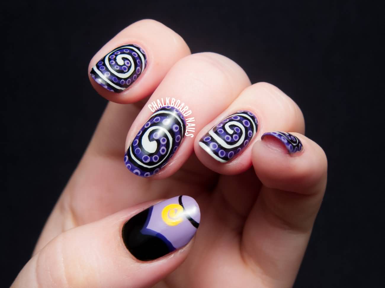 Purple Polka Dots And White Spiral Design Nail Art