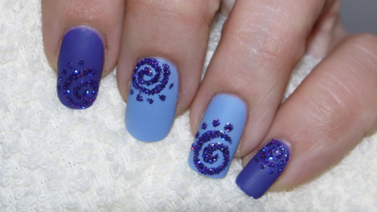 Purple Sparkle Spiral Design Nail Art