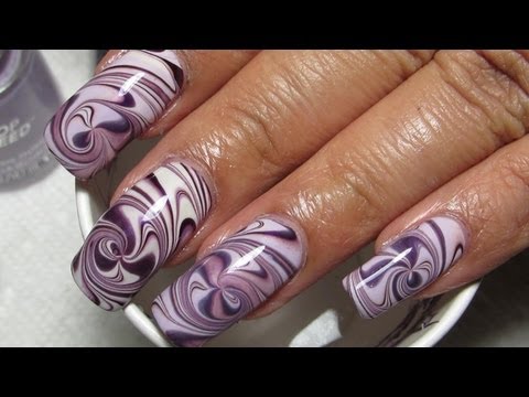Purple Water Marble Spiral Design Nail Art