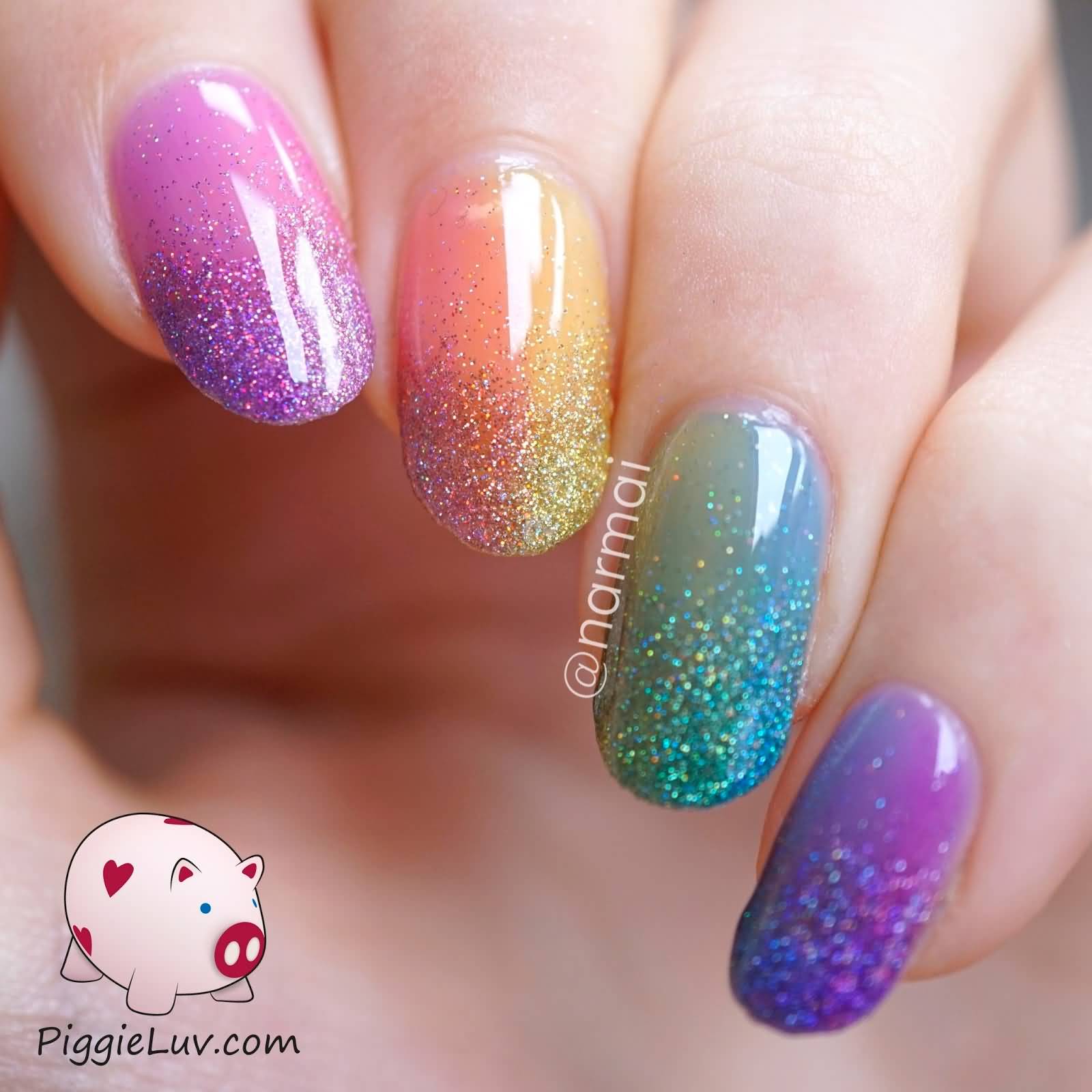 Rainbow Glitter Gel Nail Art Design Idea