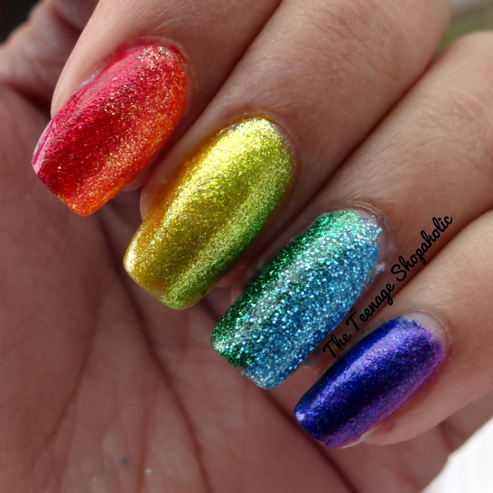 Rainbow Glitter Gradient Nail Art Design Idea