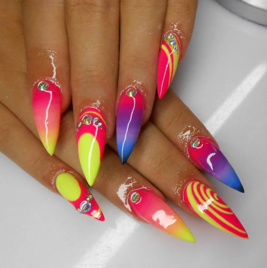 Rainbow Neon Stiletto Nail Art Design Idea