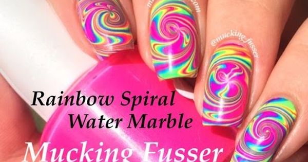 Rainbow Spiral Water Marble Nail Art Idea