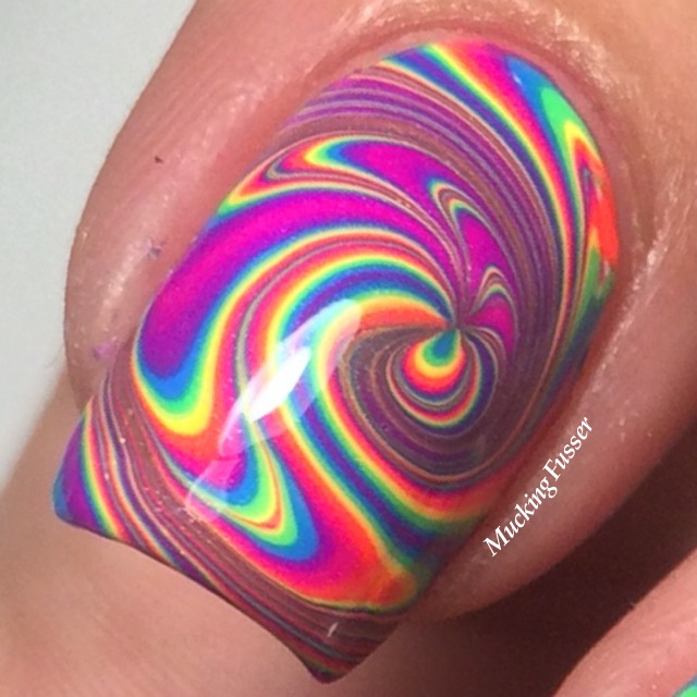 Rainbow Water Marble Spiral Nail Art Design Idea