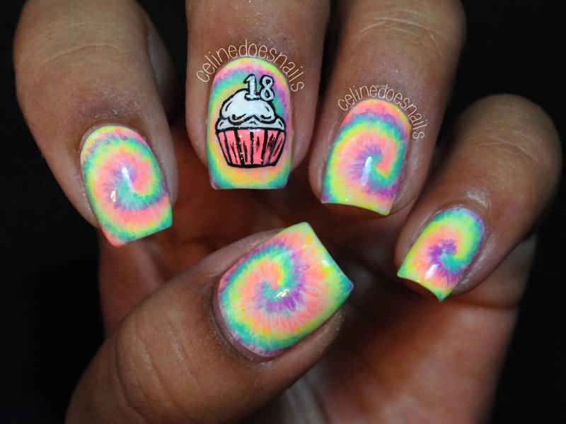 Rainbow Water Marble With Cupcake Birthday Nail Art
