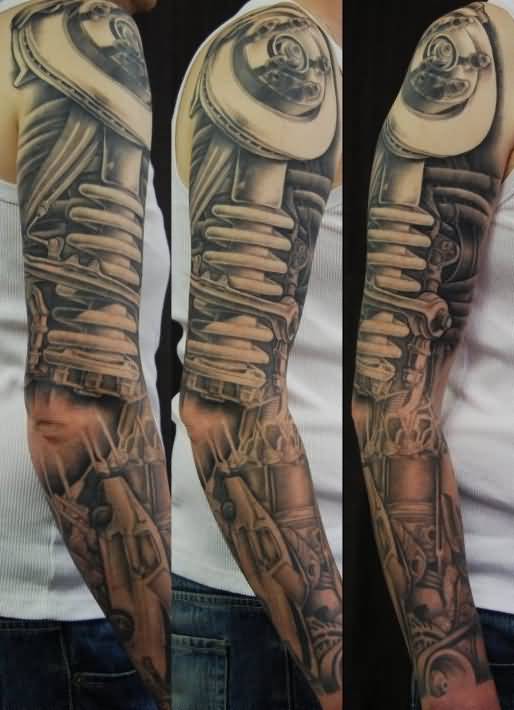 Realistic Black And Grey Awesome Tattoo On Full Sleeve